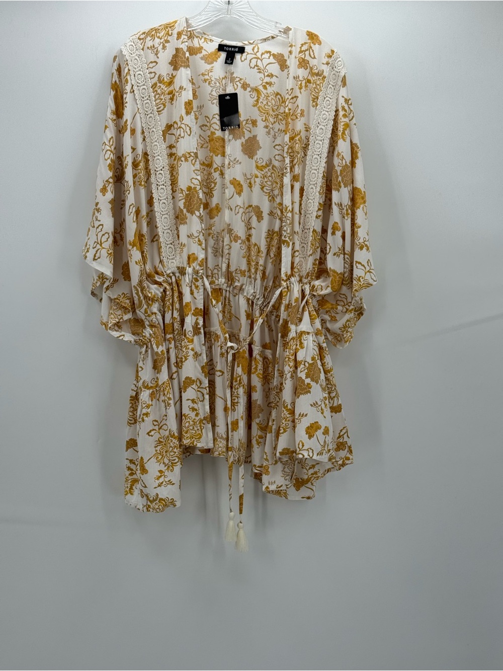 Chico’s Boho Floral Kimono Top Cream Gold Lace Trim Tie Waist Flowy Blouse Sz 2 - Picture 5 of 14